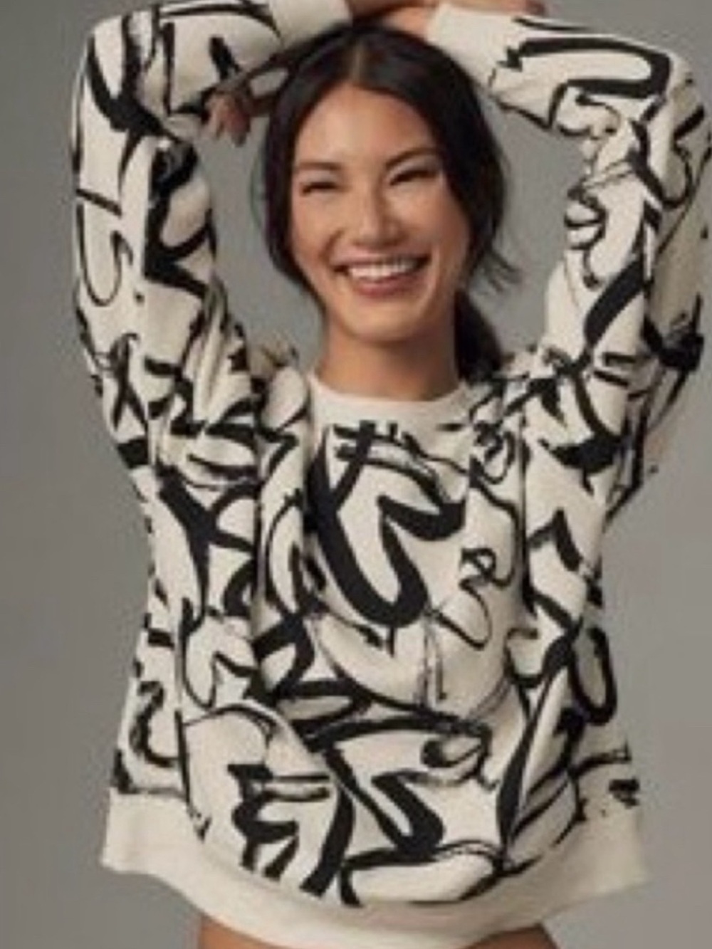 Maeve white Sweater with Black Abstract Brushstroke Print